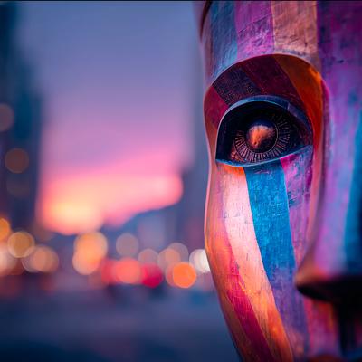 Close-up of striped humanoid face with glowing eye against city blur