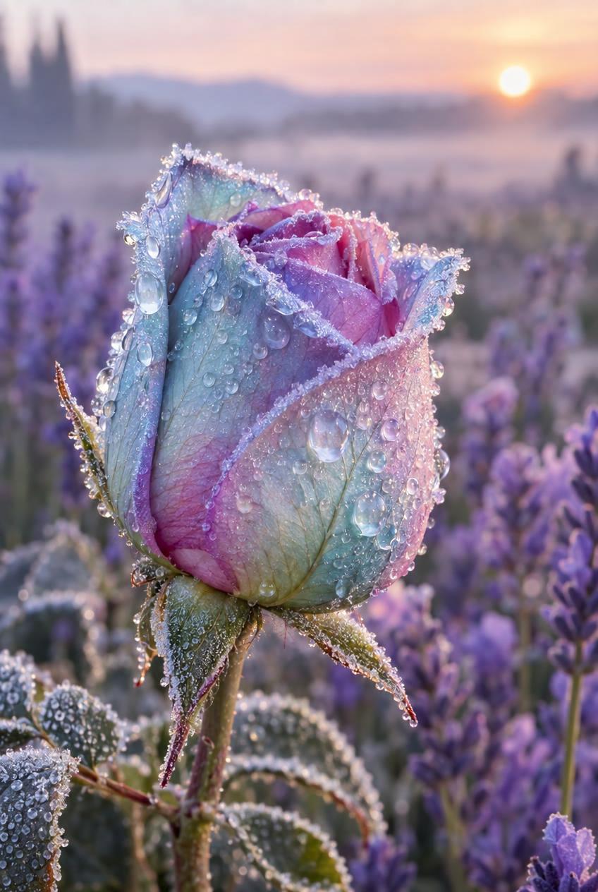 A frost-covered rose bud with pink and blue-tinted petals glistens with water droplets, surrounded by purple lavender flowers at sunrise.