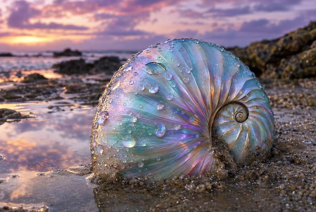 An iridescent spiral seashell covered in water droplets rests on wet sand at the beach during sunset, displaying rainbow-like colors of blue, purple, and pink.