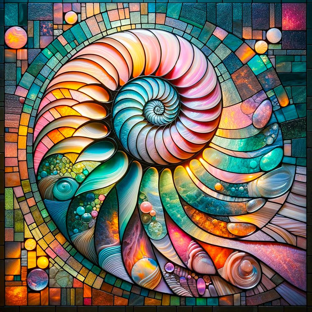 A colorful spiral shell mosaic made of glass, stone and gems in turquoise, pink, orange and yellow tones, surrounded by geometric tile patterns.