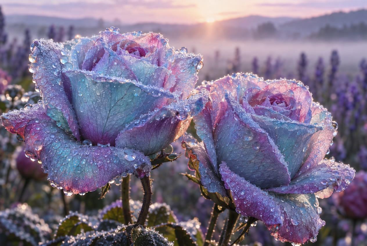 Two frost-covered roses with blue and pink petals stand in sharp focus against a blurred lavender field at sunrise or sunset.