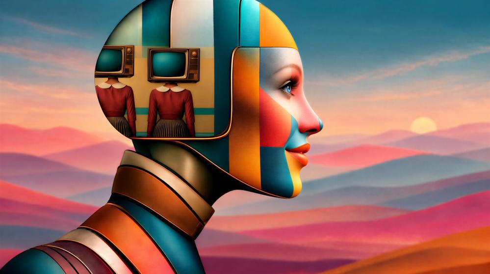 A stylized digital illustration of a figure with a geometric, colorful head featuring TV screens and abstract patterns, wearing striped bands around the neck against a sunset sky.