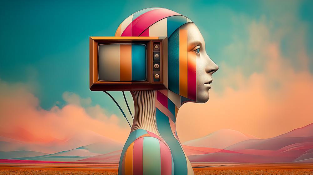 Surreal side profile of woman with vintage TV embedded in her head