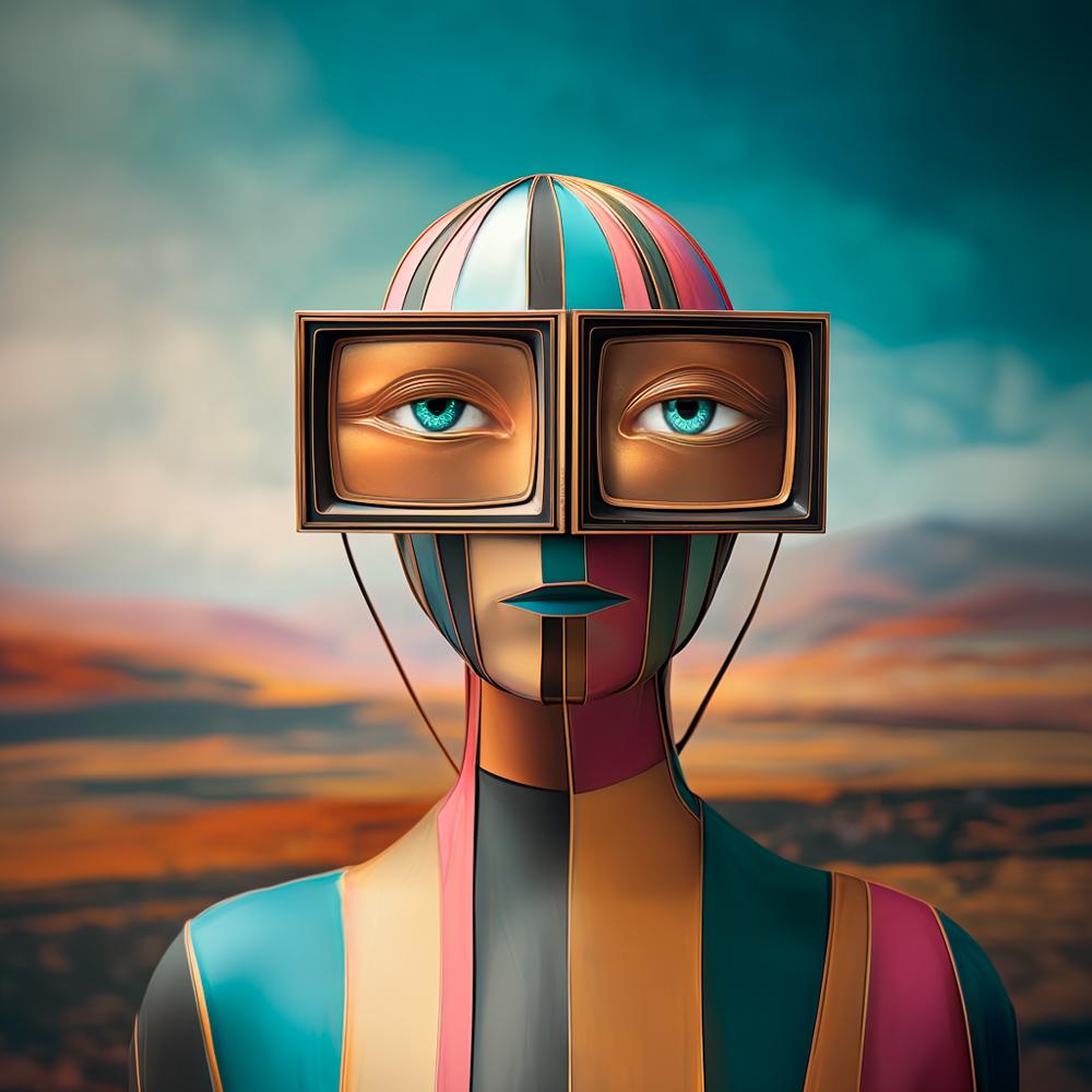 Abstract person with floating rectangular TV screen glasses and sunset backdrop