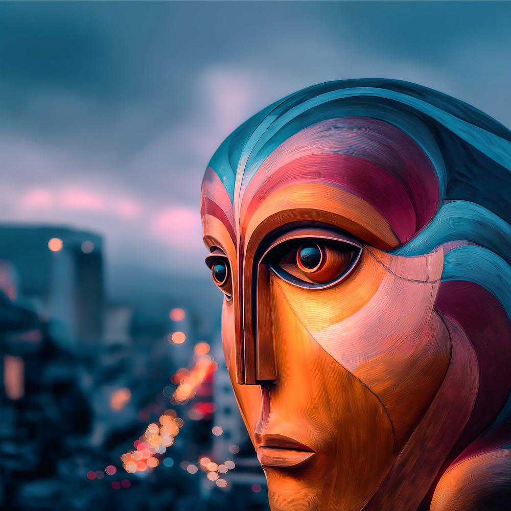 A colorful digital sculpture of a stylized face with large eyes and flowing hair-like forms in orange, pink, and blue tones against a blurred city background.
