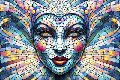 Symmetrical stained glass female face with floral-like hair design