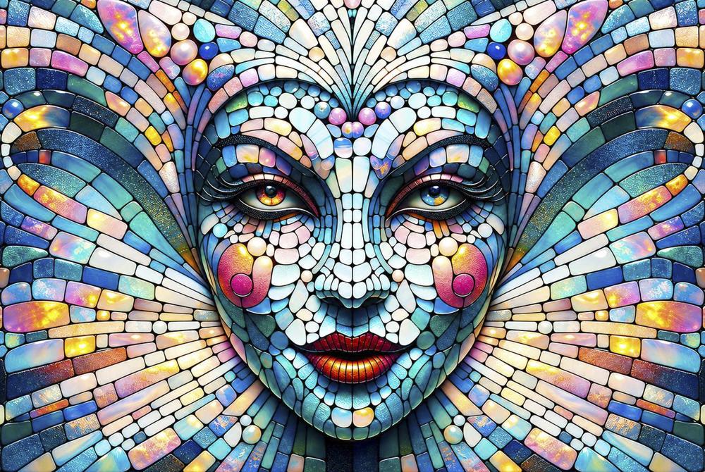 A colorful mosaic portrait of a face made from small tiles of stone, glass, and gems, featuring bright eyes, rosy cheeks, and radiant patterns extending outward.
