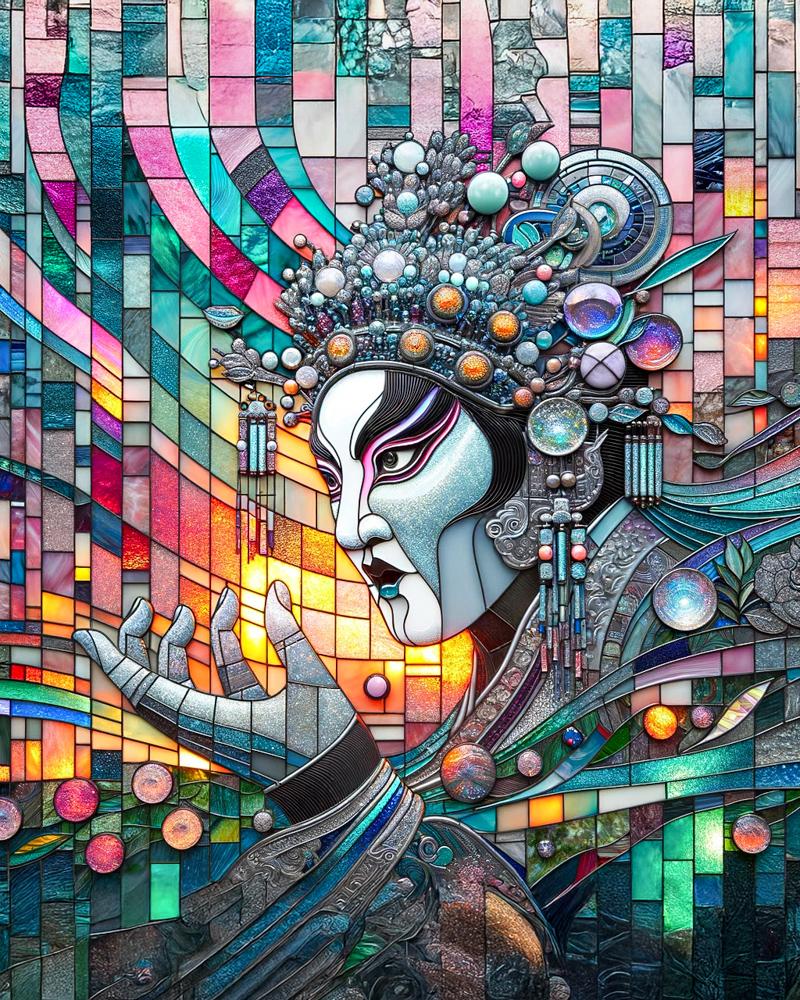 Intricate stained glass figure holding glowing orb with ornate patterns