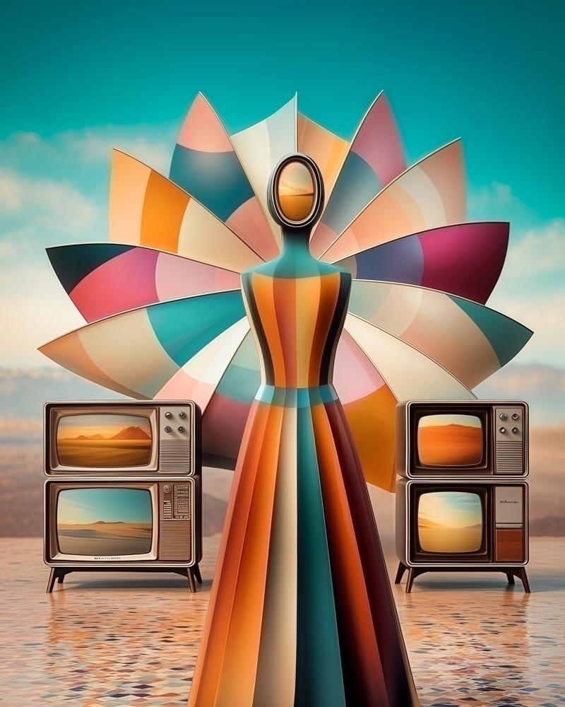 A stylized figure with colorful radiating petals stands between stacks of vintage TV sets, symbolizing the 1966 transition to widespread color television broadcasting.