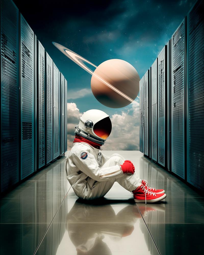 An astronaut in a white spacesuit with red sneakers sits on a reflective floor between rows of server racks, with a planet visible through an opening above.