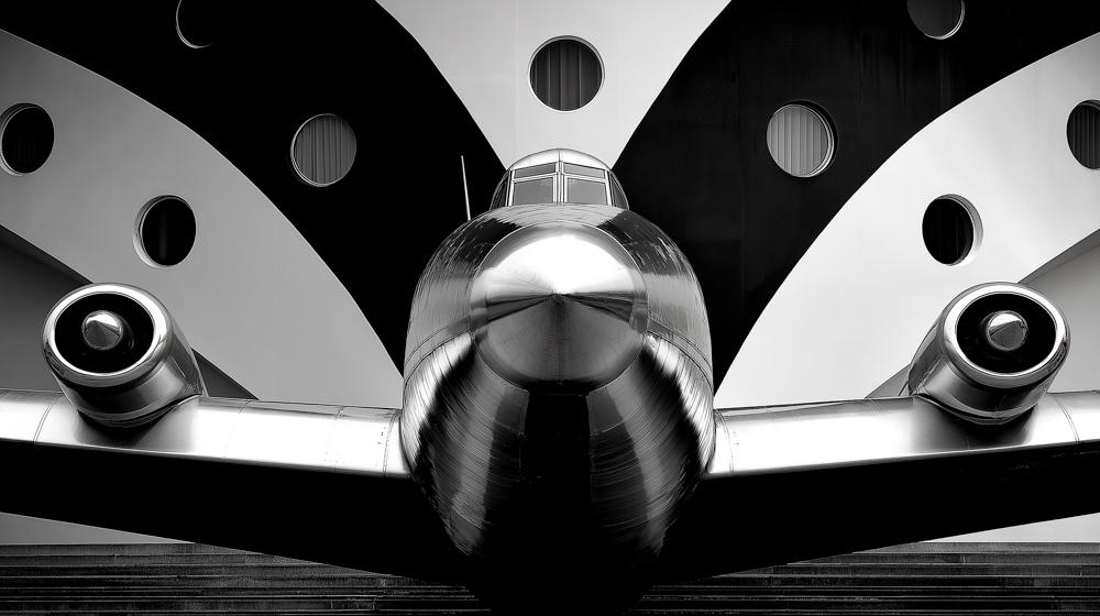 A black and white photo showing the front view of an airplane with a polished metallic nose and engines, positioned in front of a geometric, striped hangar.