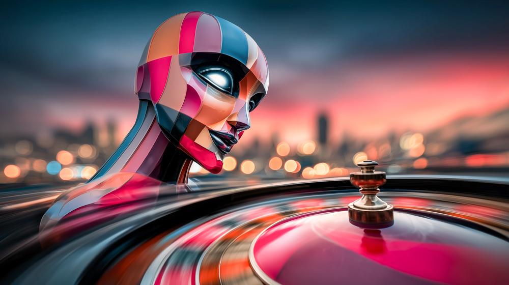A colorful robotic figure resembling a car hood ornament sits against a blurred Las Vegas cityscape at dusk with glowing lights in the background.