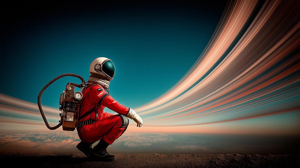 An astronaut in a red spacesuit crouches on rocky ground against a turquoise sky with dramatic streaking light trails in the background.