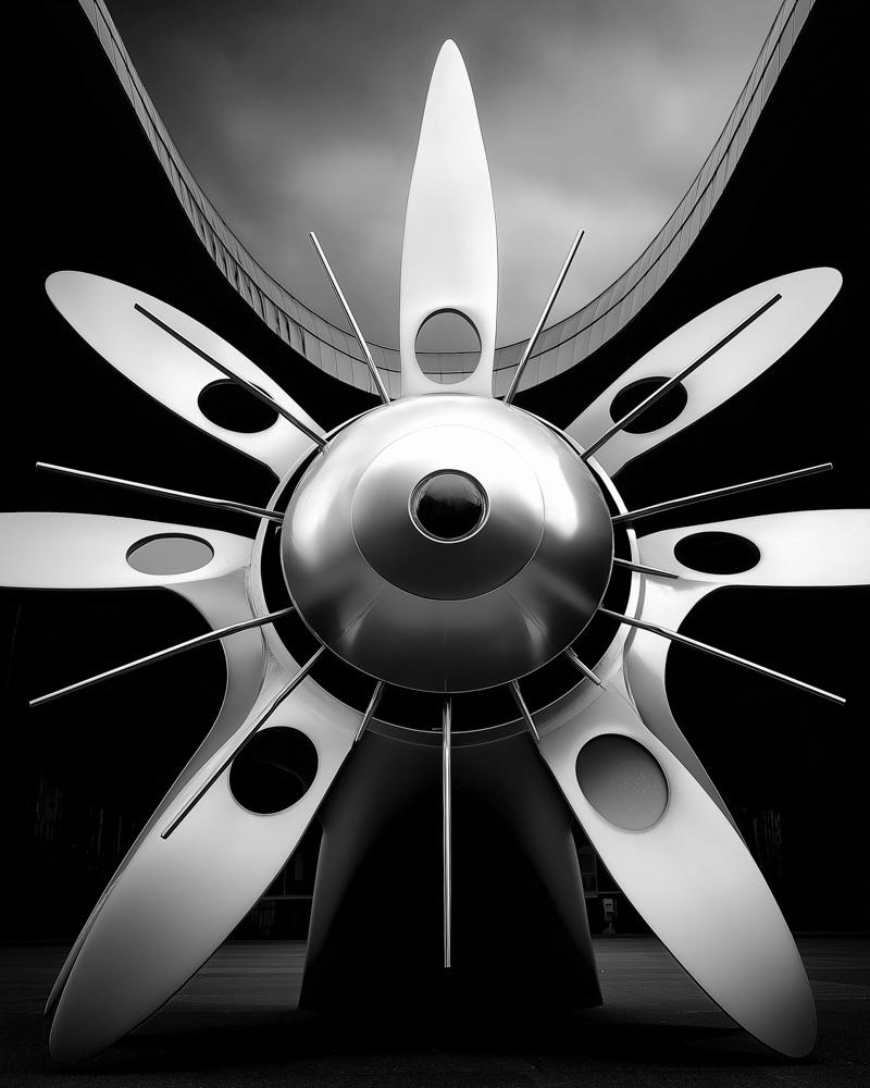 Close-up black and white photo of an airplane propeller with a central hub and radiating blades, shot from directly in front against a dark background.