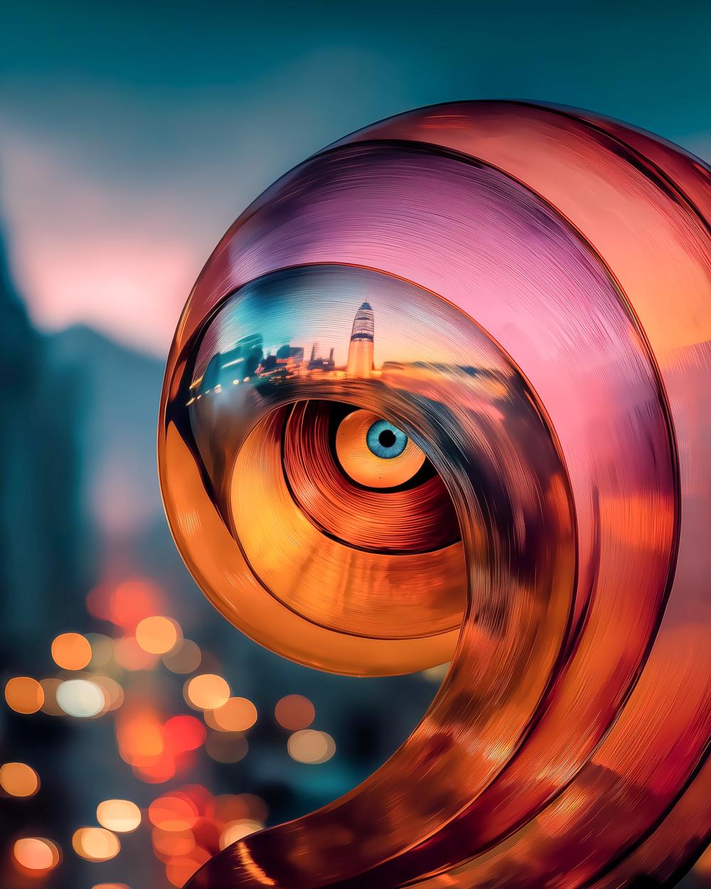 A colorful spiral glass sculpture with an eye at its center reflects a city skyline at sunset, with bokeh lights scattered in the foreground.