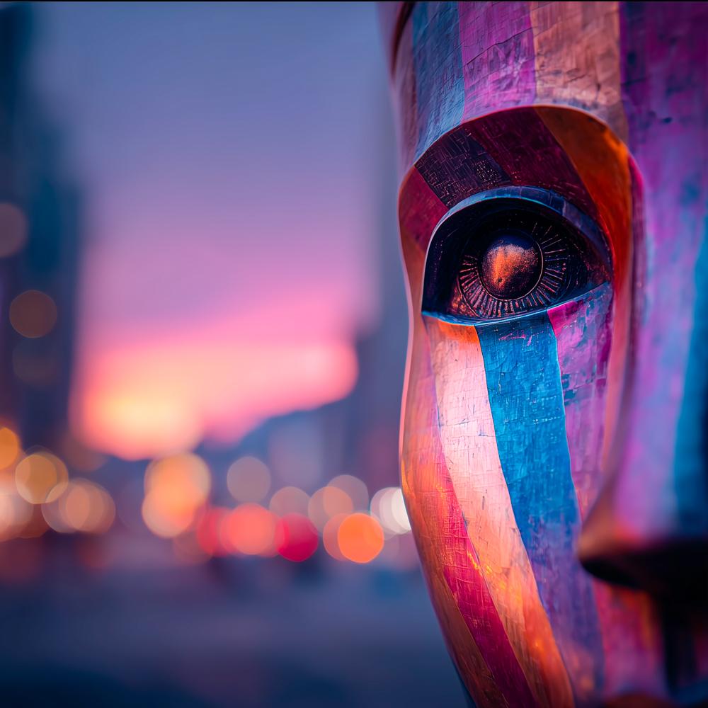 A colorful carved wooden sculpture with a prominent eye detail, illuminated by purple and orange lights against a blurred city background at dusk.