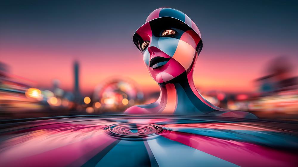 A colorful robotic head sculpture with pink and blue tones stands against a blurred Las Vegas cityscape at sunset, with motion blur effects on the ground.