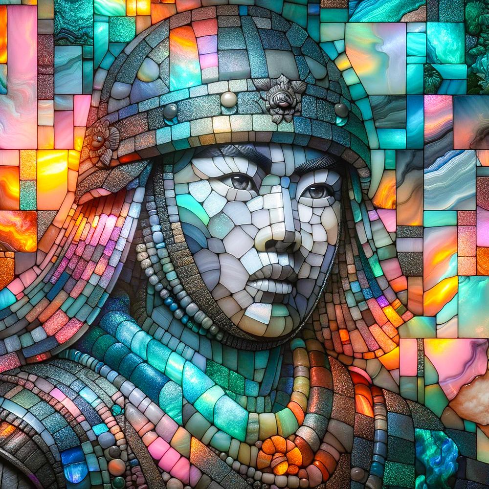 A mosaic portrait of a woman's face created from colorful glass, stone, and gem tiles in turquoise, pink, orange, and blue tones arranged in curved patterns.