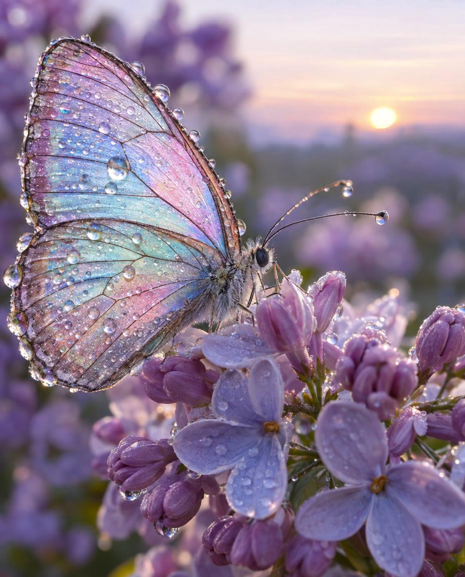 A butterfly with iridescent pink and blue wings covered in dewdrops rests on purple lilac flowers, also dotted with water droplets, during sunrise.