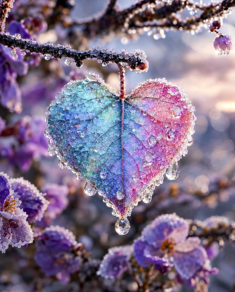 A heart-shaped leaf covered in frost crystals hangs from a frozen branch, displaying blue and pink iridescent colors.