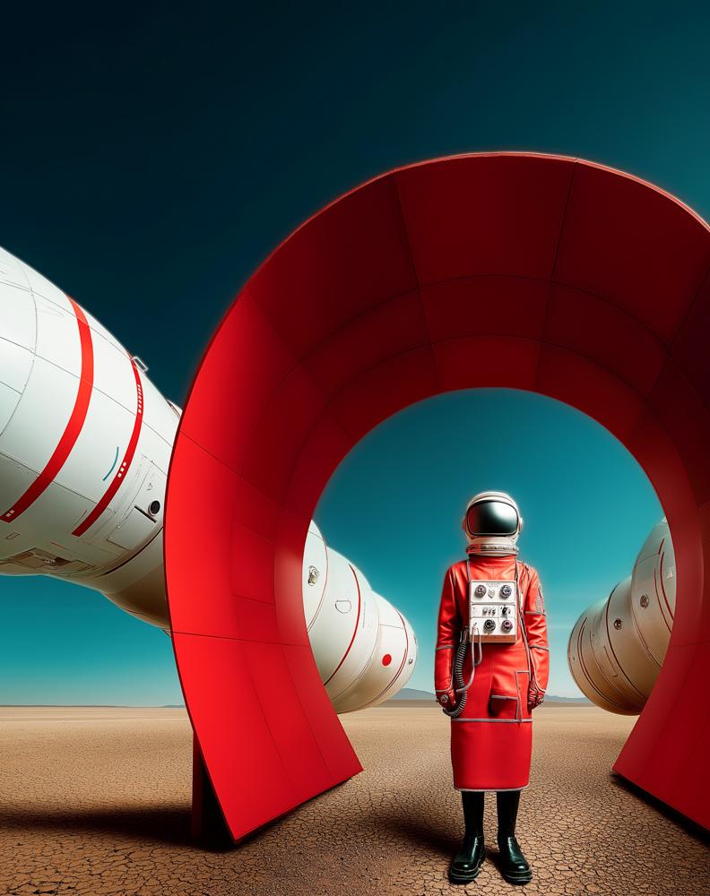 An astronaut in a red spacesuit stands in a desert landscape with large red and white curved sculptural structures against a turquoise sky.