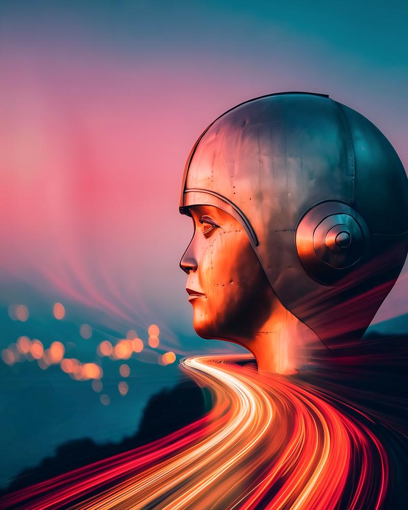 A metallic humanoid head with headphones in profile against a twilight sky, with flowing light trails in red and orange extending from the neck.