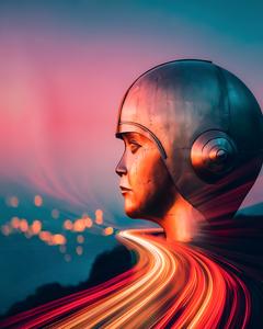 Futuristic female bust with helmet overlooking glowing road curves