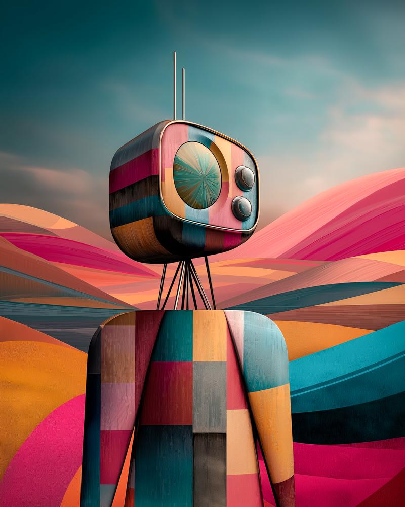 A colorful retro television with antenna sits atop a striped pedestal, featuring rounded edges, two control knobs, and a circular screen showing radiating lines.