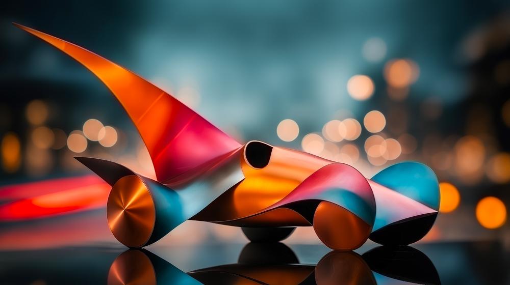 A colorful toy-like car sculpture with geometric shapes including a cone, curved pieces and wheels, photographed against blurred city lights.