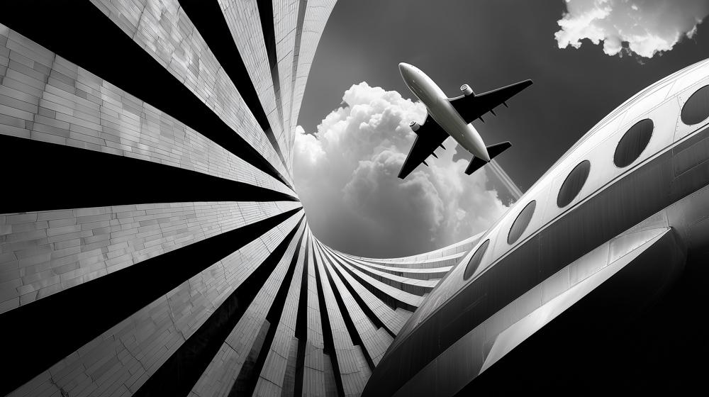 A commercial airplane flies overhead between dramatic black and white striped architectural elements that curve into the sky, creating a surreal spiral effect with clouds visible above.