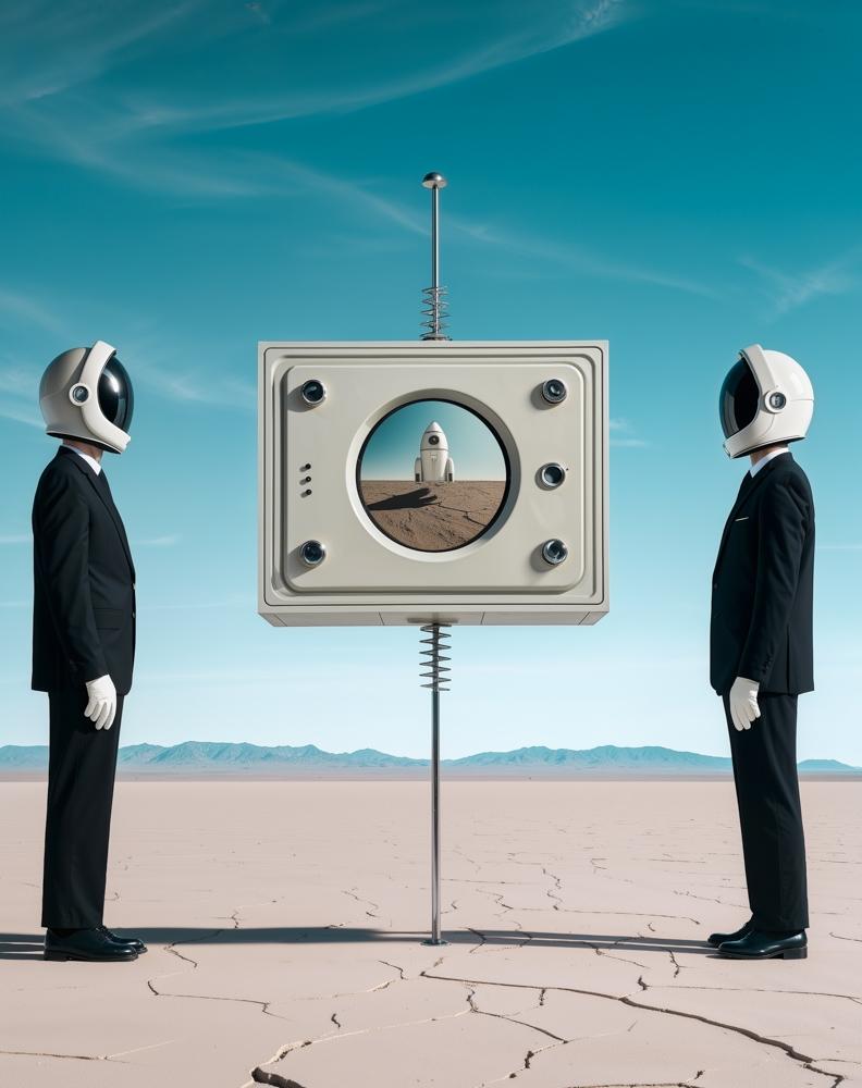 Two figures in black suits and space helmets face a retro TV on a pole in a desert, showing a rocket on its screen.