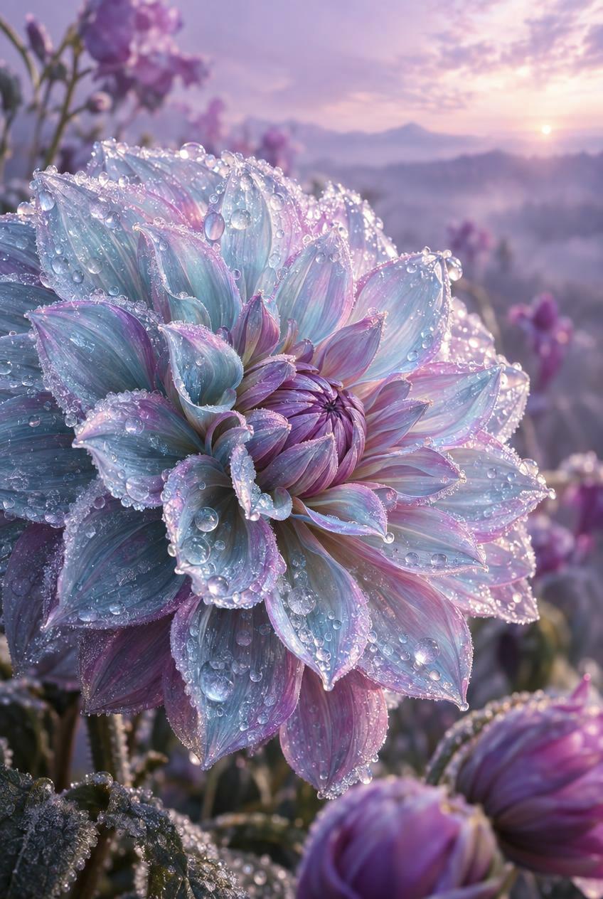 A pastel-colored dahlia flower with purple and blue petals covered in dewdrops, photographed in close-up with blurred purple flowers in the background.