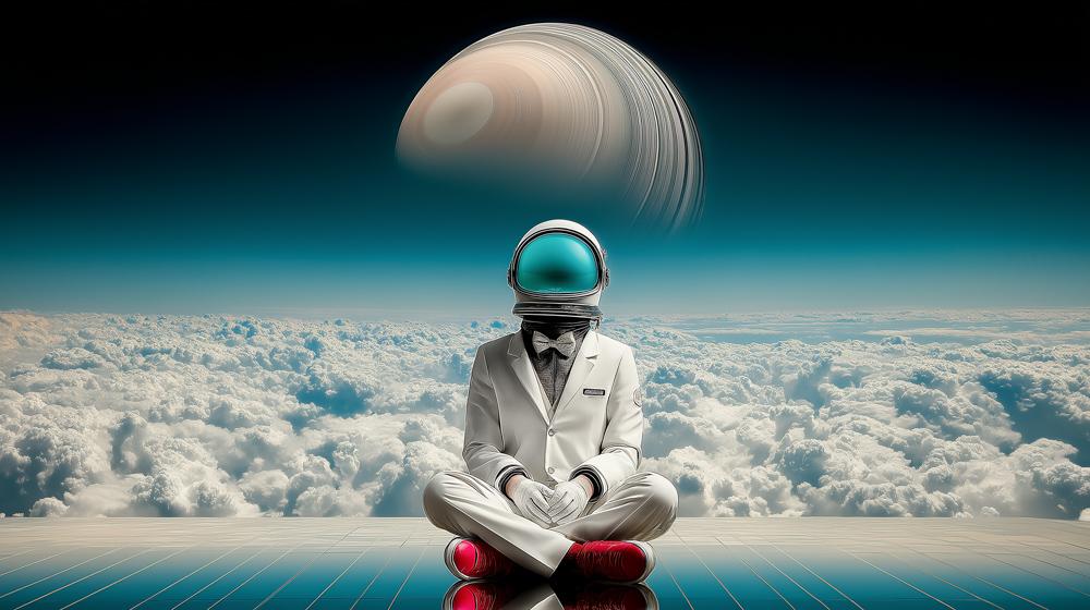 A figure in a white suit and space helmet sits cross-legged on a platform above clouds, with a large ringed planet in the sky above.