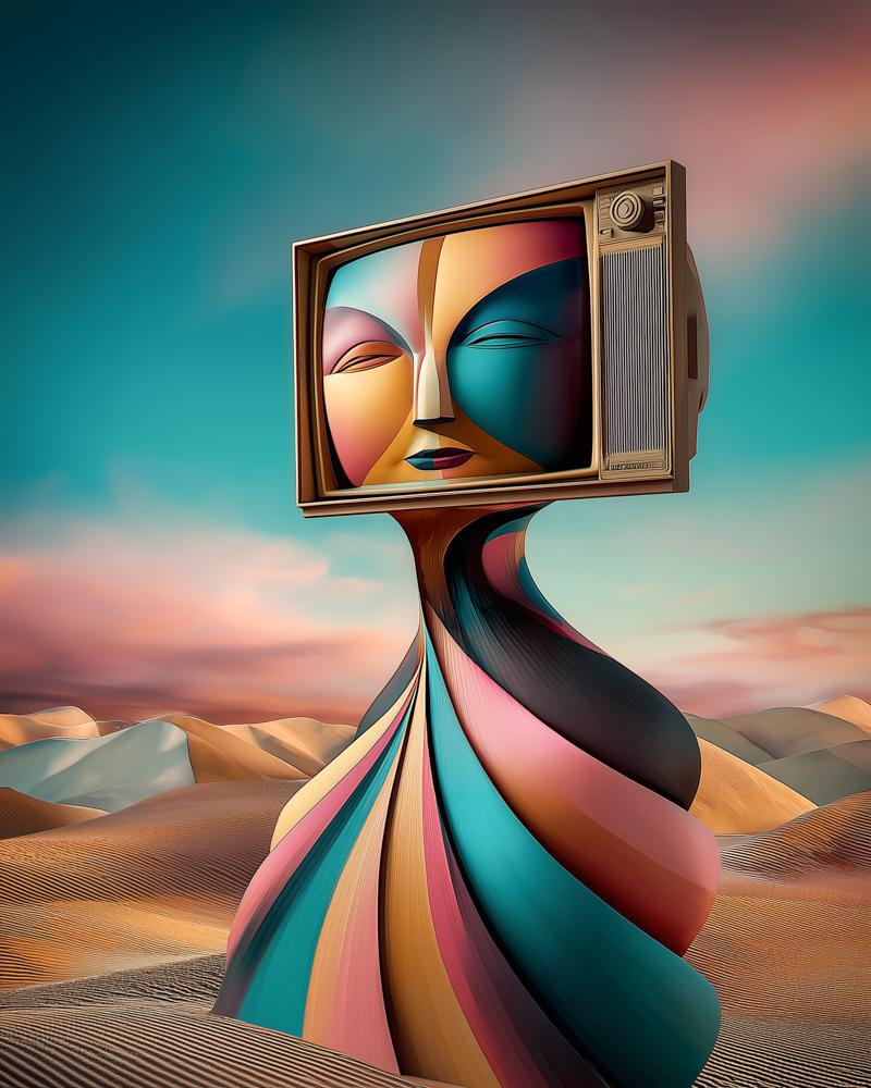 A vintage television set serves as the head of a surreal figure with a flowing, multicolored body standing in a desert landscape, symbolizing the arrival of color television in 1966.