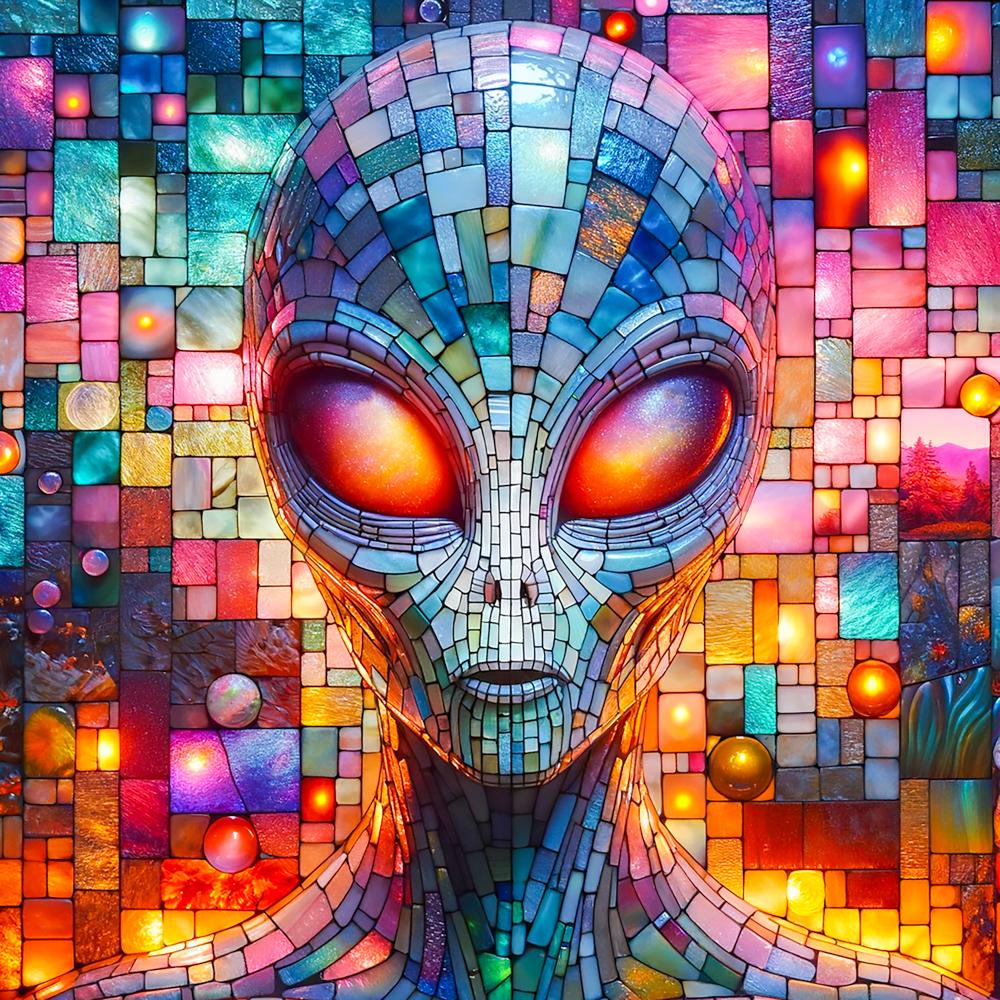 A mosaic portrait of an alien face with large glowing orange eyes, constructed from colorful glass tiles, stones, and gems in blues, pinks, and oranges.