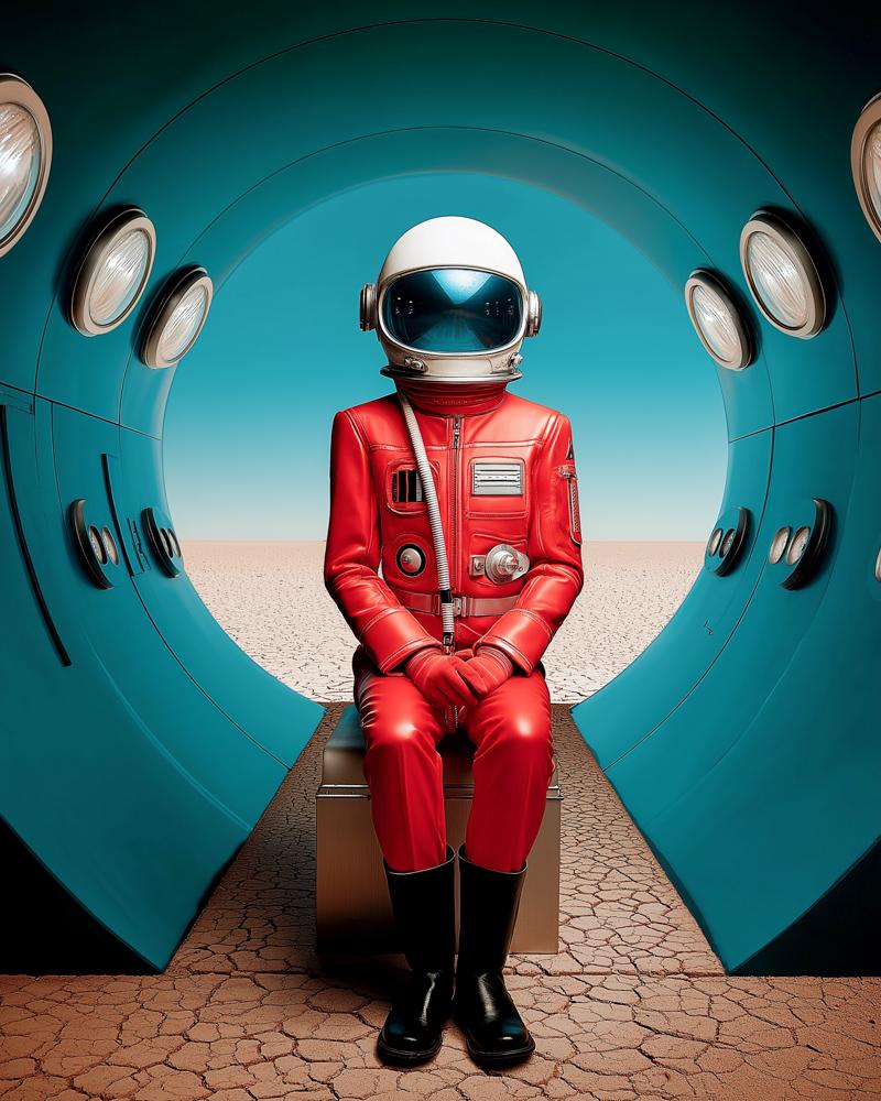 An astronaut in a bright red spacesuit and white helmet sits on a bench inside a retro turquoise circular tunnel with porthole windows.
