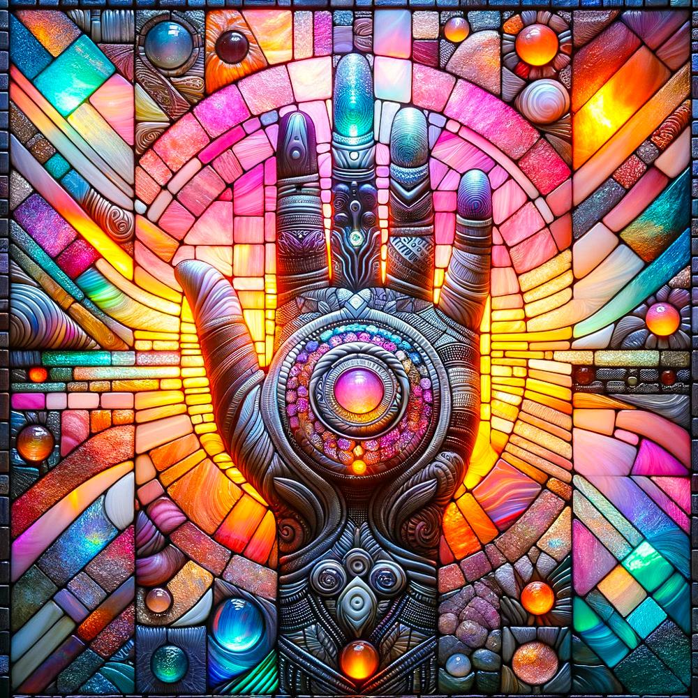 A mosaic hand in stained glass style, featuring colorful geometric patterns radiating outward from a central glowing circle in the palm, made with glass and stone pieces.