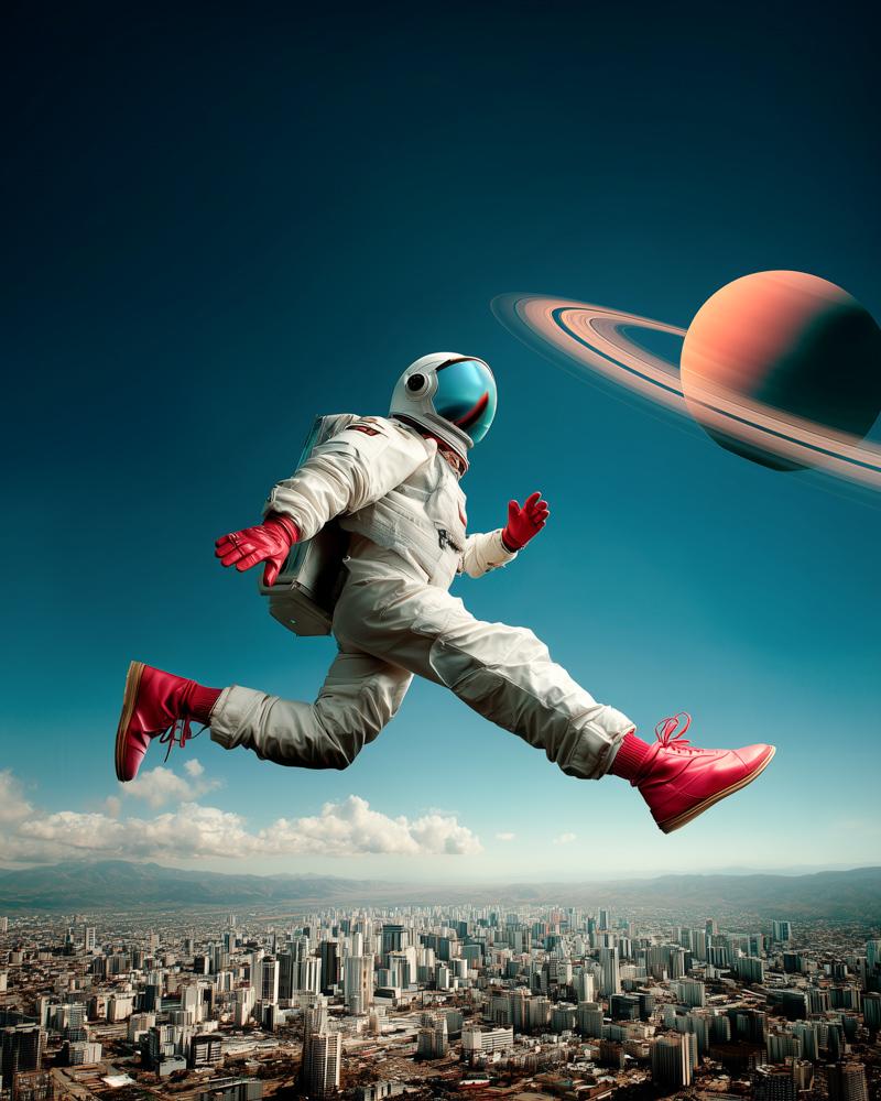 An astronaut in a white spacesuit with red gloves and boots runs through the sky above a city, with Saturn visible in the background.