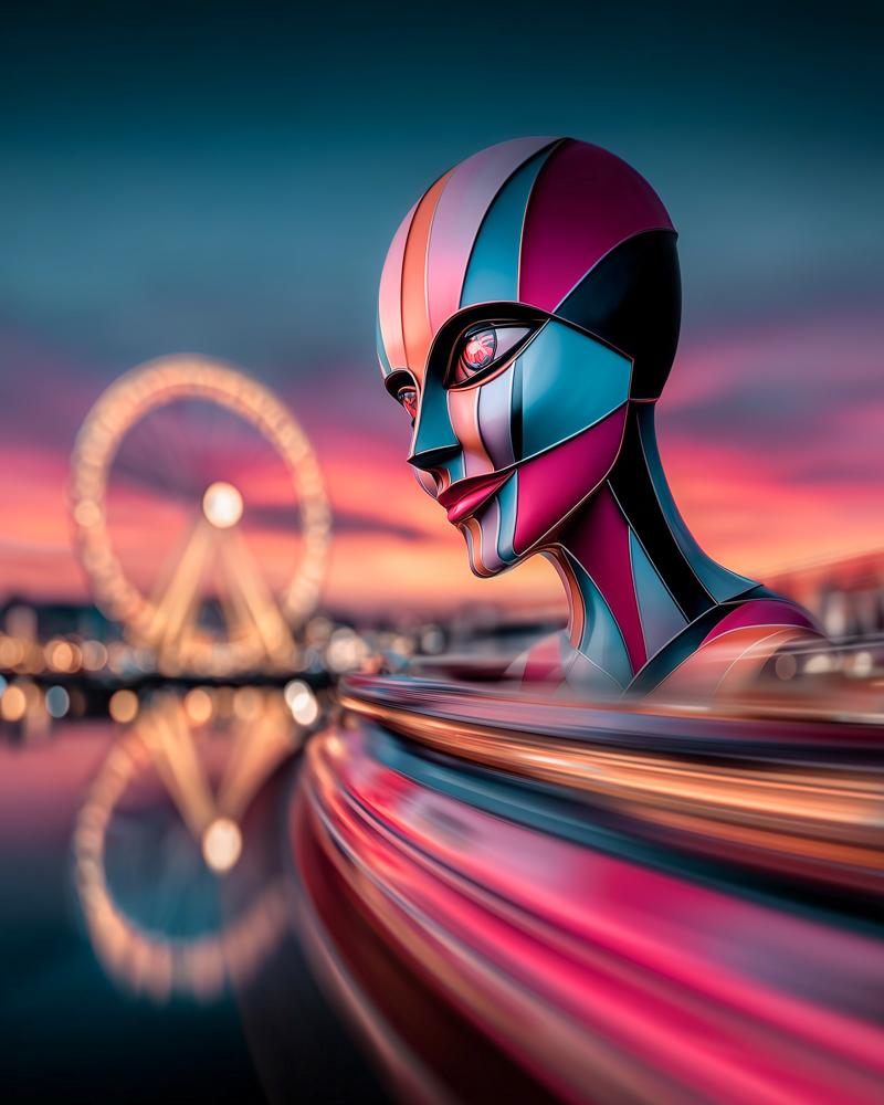 A colorful metallic robot head with geometric panels in pink, blue, and orange faces a Ferris wheel at dusk in Las Vegas with blurred lights reflecting on water.