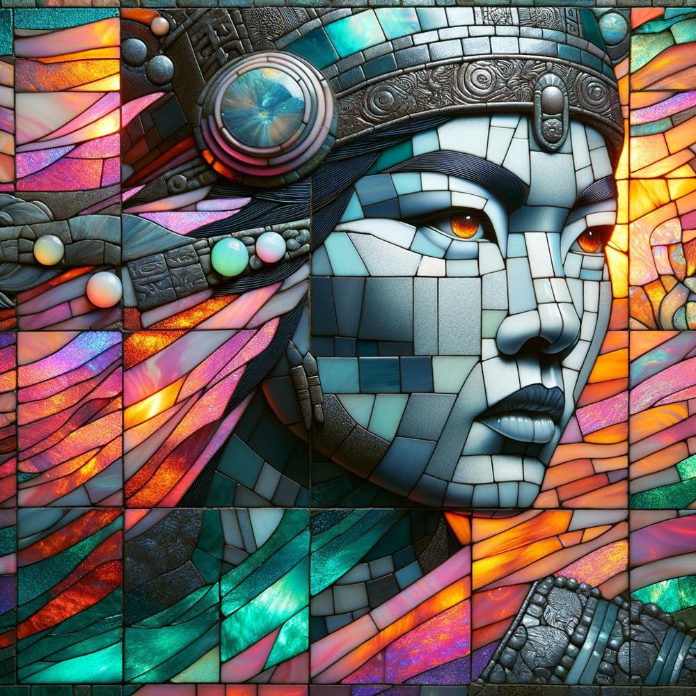 A mosaic portrait of a face made from colorful glass, stone, and gem tiles in blue, orange, and pink tones, featuring striking amber eyes and ornate metallic decorative elements.