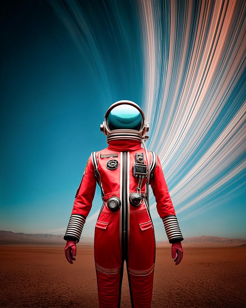 An astronaut in a bright red spacesuit with striped cuffs stands on a desert landscape under a dramatic sky with radiating light beams.