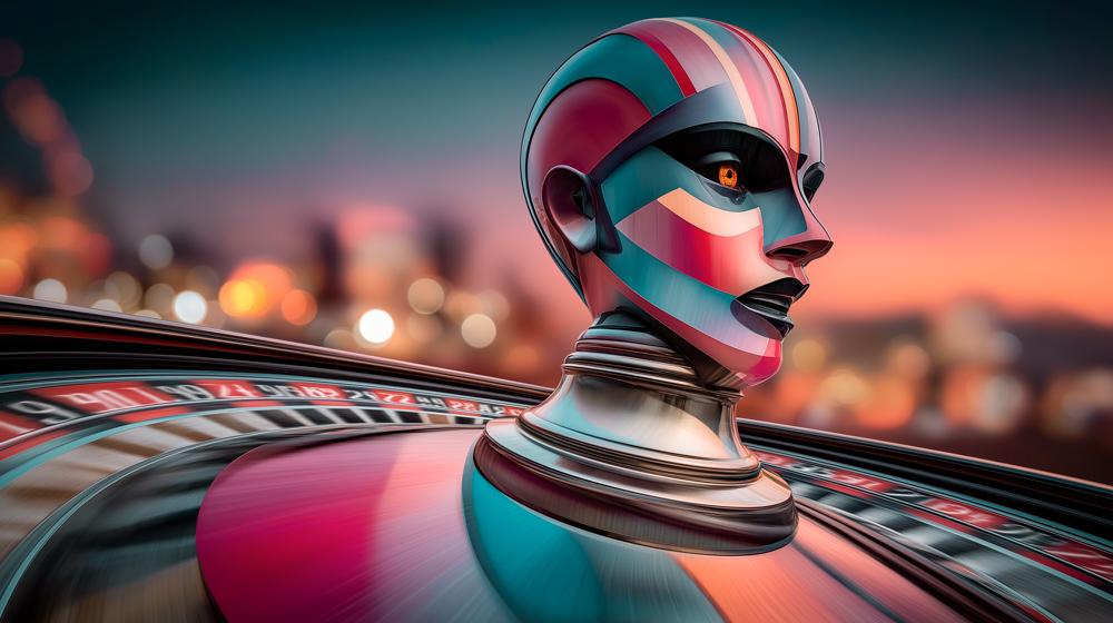 A colorful striped robot head mounted on a spinning roulette wheel at night in Las Vegas, with blurred city lights in the background.