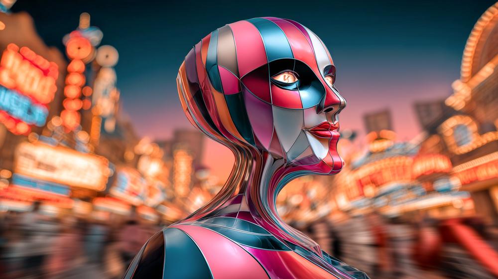 A colorful, striped robotic figure in profile against a blurred Las Vegas background with glowing neon signs and lights at night.