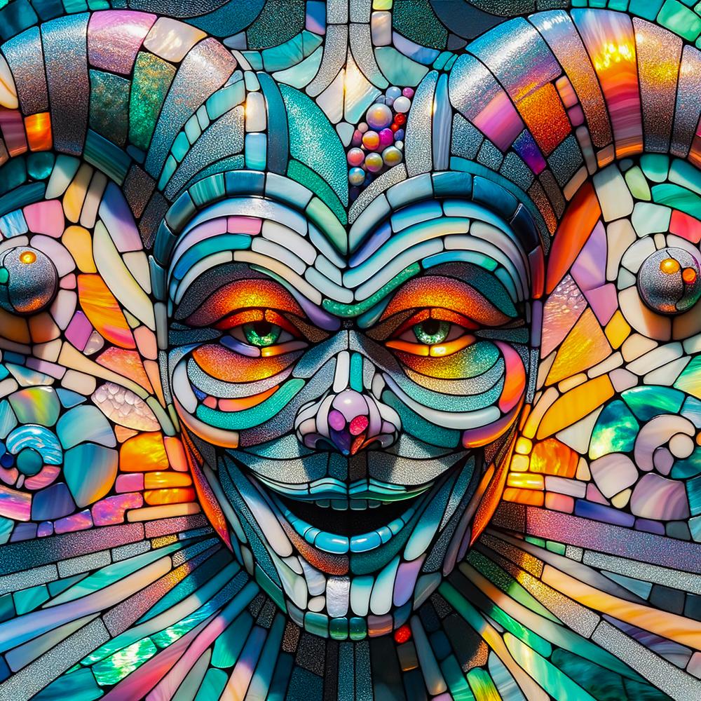 A colorful mosaic face with a wide grin, made of stained glass pieces in blues, oranges, pinks, and purples, creating a joyful expression with bright eyes.