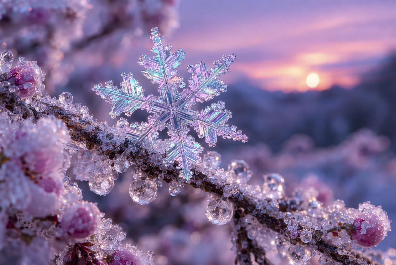 A delicate snowflake crystal rests on a frost-covered branch, surrounded by ice droplets against a soft pink and purple sunset sky.