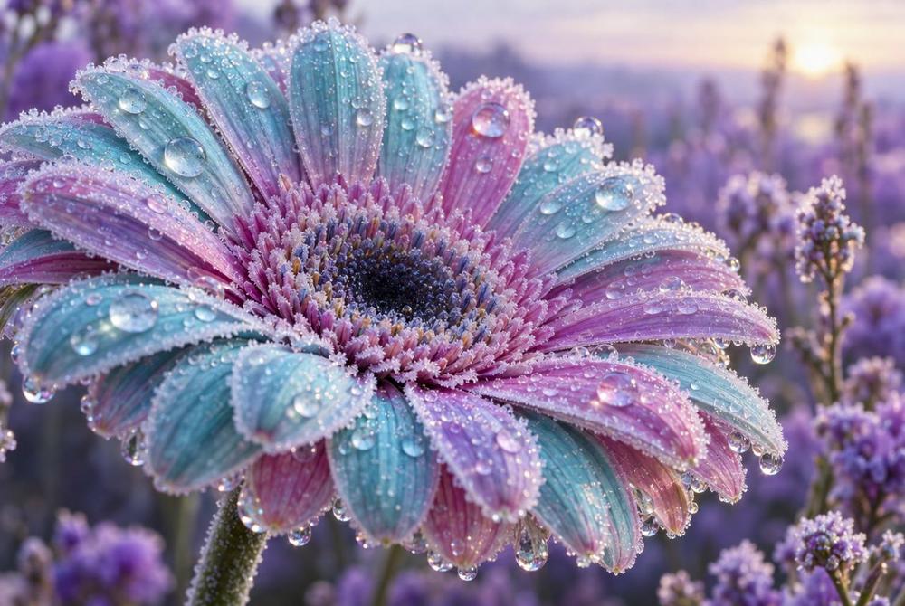 A gerbera daisy with pink and turquoise petals covered in water droplets, set against a blurred purple lavender field background.