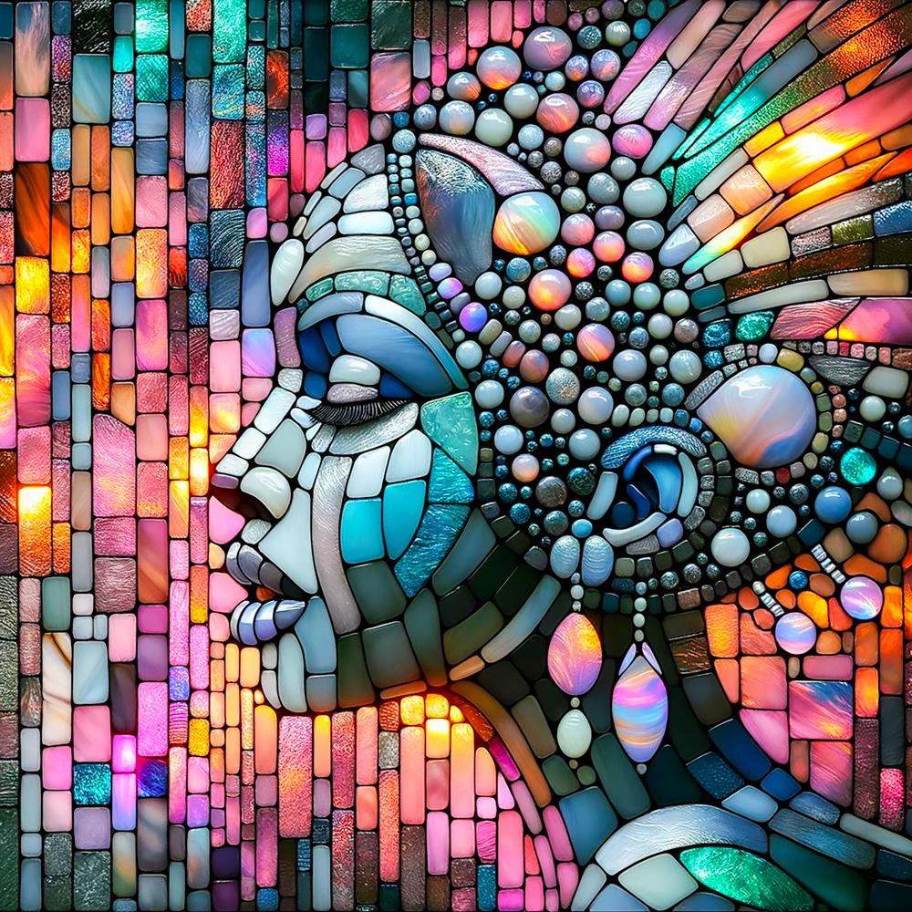 A colorful mosaic portrait of a woman's face in profile, made from glass tiles, stones, and iridescent gems in pink, blue, orange, and turquoise tones.