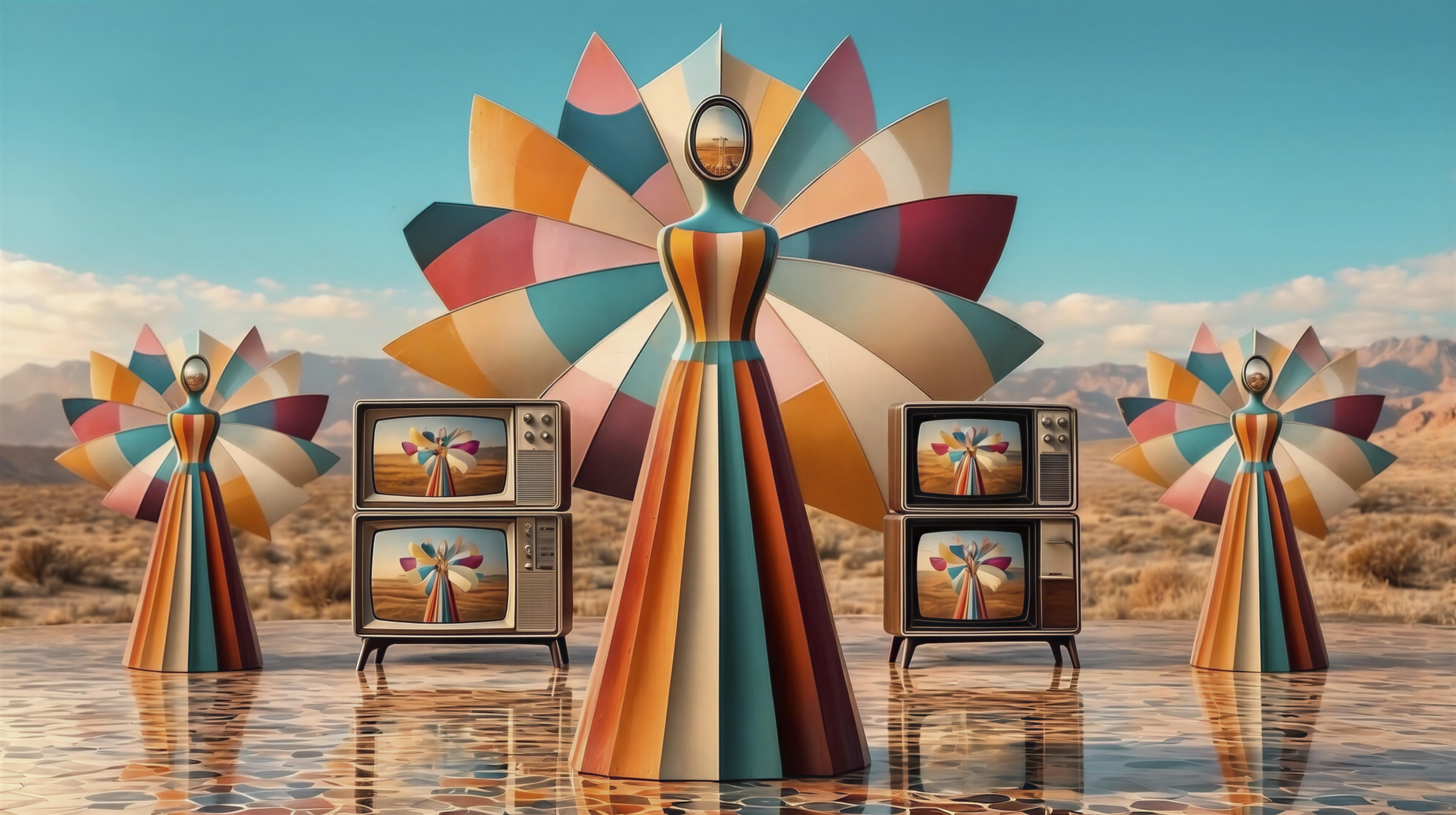 Colorful geometric figures with fan-like headdresses stand beside vintage televisions in a desert landscape.