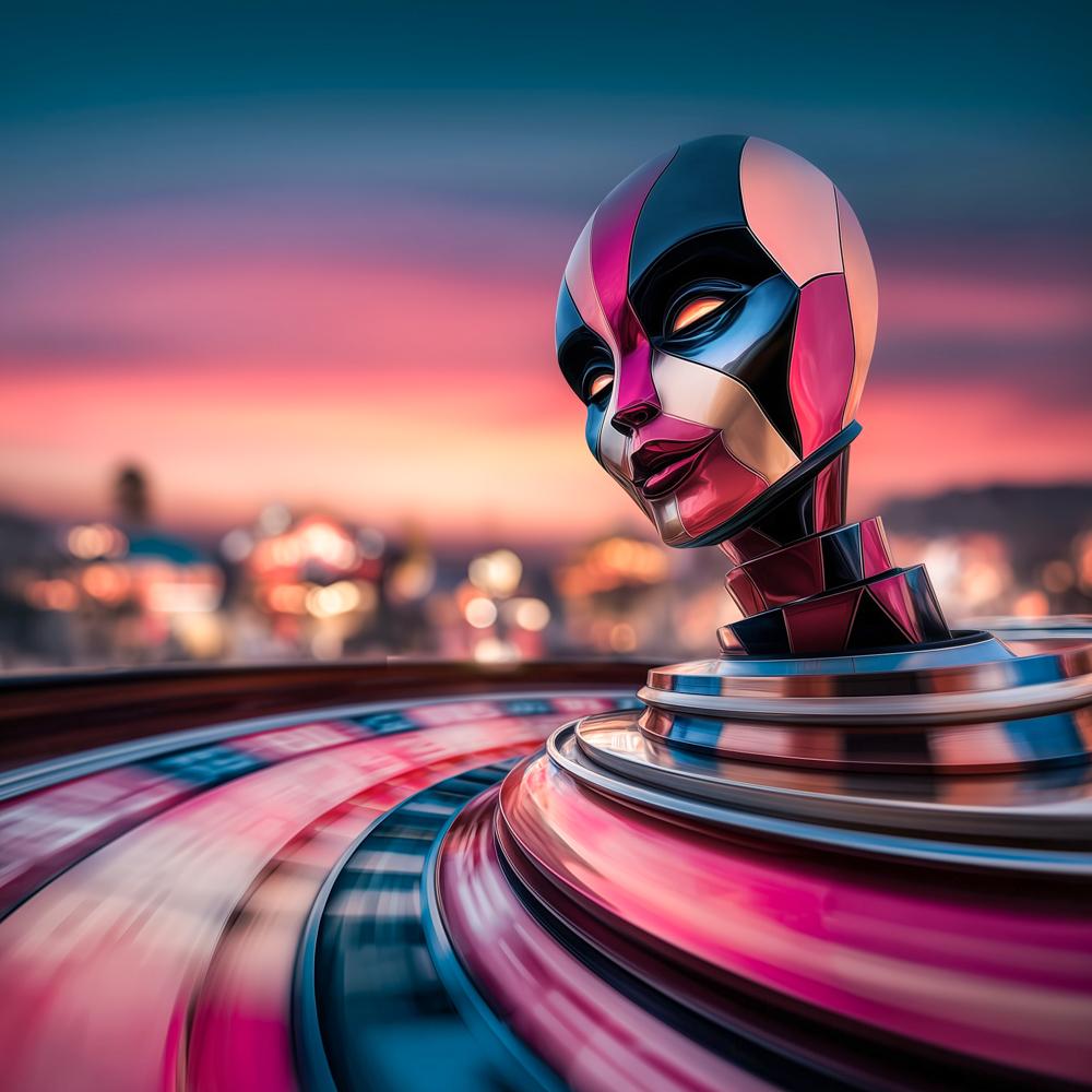 A colorful sculptural robot head with geometric patterns sits on a metallic base against a blurred cityscape at sunset with bokeh lights in the background.