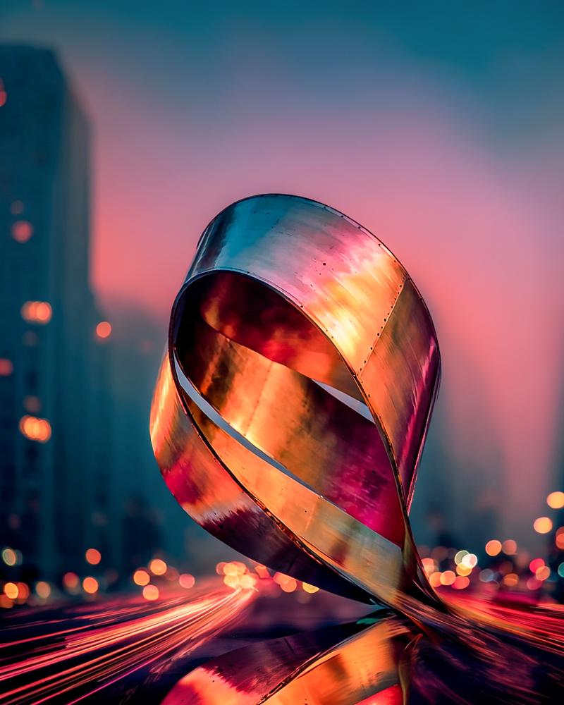 A twisted metallic ribbon sculpture with rainbow reflections stands against a pink and blue twilight sky with blurred city lights in the background.